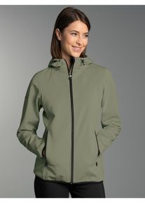 Softshelljacke TRIGEMA "TRIGEMA Taillierte Softshell&ndash;Kapuzenjacke", Damen, Gr. XL, gr&uuml;n (salbei), Stoff, 88% Polyamid, 12% Elastan, lang, Jacken Softshelljacke