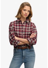 Karobluse Superdry "CHECK FLANNEL RELAXED SHIRT", Damen, Gr. M, rot (bordeaux rot check), Web, Obermaterial: 100% Baumwolle, kariert, relaxed fit normal, Blusen Karobluse, Baumwolle, relaxed fit, aus weichem Flanell