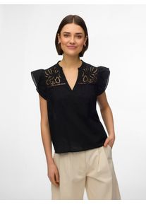 V&eacute;ro Moda Kurzarmbluse VERO MODA "VMLINE SS V-NECK TOP WVN NOOS", Damen, Gr. M, schwarz, Web, Obermaterial: 100% Baumwolle, unifarben, normal, V-Ausschnitt, Blusen Kurzarmbluse, Baumwolle, Lochstickerei