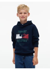 Kapuzensweatshirt Tommy Hilfiger "FLAG GRAFITTI", Jungen, Gr. 4 (104), blau (dunkelblau), Sweatware, Obermaterial: 80% Baumwolle, 20% Polyester, unifarben, regular fit normal, Rundhals, B&uuml;ndchen, Sweatshirts Kapuzensweatshirt, Regular Fit, f&uuml;r Kinder bis 16 Jahre