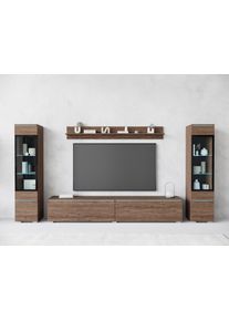 Wohnwand Home Affaire "VERA II", braun (villa nussbaum), B:260cm H:130cm, Kastenm&ouml;bel-Sets, Wohnwand, Vitrine mit Verglasung, stehend und h&auml;ngend, inklusive Beleuchtung