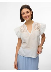 V&eacute;ro Moda Kurzarmbluse VERO MODA "VMLINE SS V-NECK TOP WVN NOOS", Damen, Gr. L, wei&szlig; (snow wei&szlig;), Web, Obermaterial: 100% Baumwolle, unifarben, normal, V-Ausschnitt, Blusen Kurzarmbluse, Baumwolle, Lochstickerei