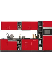 K&uuml;chenzeile KOCHSTATION "KS-Paris - K&uuml;chen mit einzigartigen Fotomotiven auf den Fronten", rot (k&uuml;che: rot, front: rot, korpus: grafit, arbeitsplatte: anthrazit), B:340cm H:200cm T:60cm, Komplettk&uuml;chen-Sets, K&uuml;chenzeile, Breite 340 cm, wahlweise mit E-Ger&auml;ten und Induktion