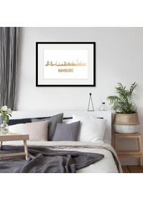 Bild queence "Hamburg Skyline GOLD", gold (farbe rahmen: schwarz, farbe bild(er): goldfarben), B:50cm H:40cm, Acrylglas, Holz, Papier, Bilder, Bild, HD Premium Poster-Druck inkl. Holzrahmen