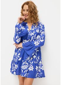 Longbluse Lascana, Damen, Gr. 40/42, beige (royalblau, creme), Web, Obermaterial: 58% Viskose, 28% Baumwolle, 14% Leinen, bedruckt, figurumspielend kurz, V-Ausschnitt, Blusen Longbluse, aus weicher Webware mit Leinenanteil, sommerliche Tunika