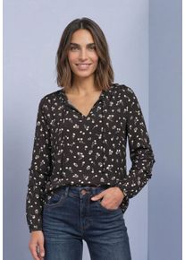 Langarmbluse Street One, Damen, Gr. 38, schwarz coffee, Web, Obermaterial: 100% Viskose, bedruckt, l&auml;ssig geschnitten h&uuml;ftbedeckend, V-Ausschnitt, B&uuml;ndchen, Blusen Langarmbluse, im Tunika-Style mit Splitneck und R&uuml;schen / Allover-Muster