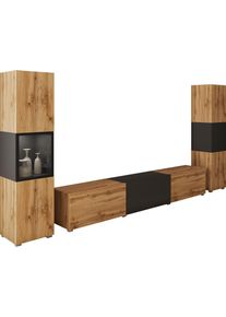 Wohnwand Home Affaire "BERLIN III, Vitrine T&uuml;rschlag links/rechts wechselbar", schwarz (eichefarbe votan, graphite schwarz matt, eichefarbe votan, graphite schwarz matt), B:260cm H:130cm T:33cm, ABS-Kunststoff, Glas, Hartfaserplatte, Kastenm&ouml;bel-Sets, Wohnwand, moderne grifflose Mediawand Breite 260 cm, Vitrine mit Verglasung, Topseller
