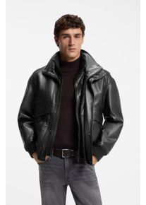 Lederjacke BOSS Orange "Jolights", Herren, Gr. 48, schwarz (schwarz001), Obermaterial: 100% Schafsleder, unifarben, relaxed fit normal, Rippb&uuml;ndchen, Jacken Lederjacke, Weiches, strukturiertes Schafleder, Relaxed Fit, abnehmbares Inlay