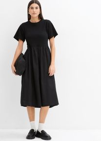 Midikleid bonprix, Damen, Gr. 50, N-Gr, schwarz, Obermaterial: 100% Baumwolle. Unterteil: 100% Baumwolle, A-Linie, Kleider Midikleid, aus Baumwolle, A-Linien-Passform, Kurzarm-Design, Midil&auml;nge