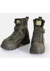 Winterboots Buffalo "Aspha Com1 Vegan", Damen, Gr. 38, gr&uuml;n (khaki), Lederimitat, Textil, Schuhe Winterboots, Schn&uuml;rstiefelette, Plateauboots mit Innen-Rei&szlig;verschluss