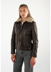 Lederjacke Mauritius "MWIskra", Damen, Gr. XXXL(46), braun (schwarz braun), Fellimitat: 100% Polyester. Obermaterial: 100% Schafsleder. Futter: 100% Polyester. &Auml;rmelfutter: 100% Polyester, unifarben, regular fit h&uuml;ftbedeckend, mit Rei&szlig;verschluss, Jacken Lederjacke, mit Teddyfell-Kragen