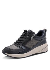 Keilsneaker Tamaris, Damen, Gr. 42, schwarz (navy kombiniert), Lederimitat, aufgeraut, kontrastfarbene Details, Schuhe Keilsneaker, Freizeitschuh, Schn&uuml;rer in veganer Verarbeitung, schmale Form