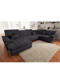 Wohnlandschaft DOMO collection "FRANZI mit Kopfteilverstellung, U-Form mit viel Platz, bequem", grau (graphite), B:352cm H:80cm T:214cm, Flachgewebe (100% Polyester);Chenille (100% Polyester), Sofas, Wohnlandschaft, XXL-Sofa, U-Form, belastbar bis 140kg/Sitz, graphite, Breite: 352cm
