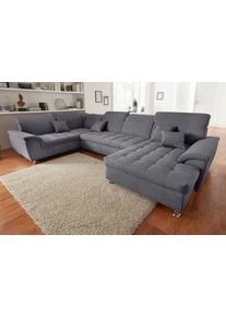 Wohnlandschaft DOMO collection "FRANZI mit Kopfteilverstellung, U-Form mit viel Platz, bequem", grau (dunkelgrau), B:352cm H:80cm T:214cm, Flachgewebe (100% Polyester);Chenille (100% Polyester), Sofas, Wohnlandschaft, XXL-Sofa, U-Form, belastbar bis 140kg/Sitz, dunkelgrau, Breite: 352cm