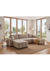 Wohnlandschaft OTTO HOME "Bella U-Form, B: 314 cm, inkl. Schlaffunktion, auch in Cord", beige (taupe), B:314cm T:162cm, 100%Polyester, Sofas, Wohnlandschaft, inkl. Bettkasten, Bonellfederkern, extra gro&szlig;e Liegefl&auml;che: 269x135cm