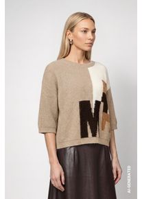 Strickpullover monari "Pullover Intarsie", Damen, Gr. 42, beige (hellbraun), Strick, Obermaterial: 59% Polyacryl, 34% Viskose, 7% Polyester, gemustert, regular fit taillenbedeckt, Rundhals, eingesetzt gerader Abschluss, Pullover Strickpullover, Regular fit mit Rundhalsausschnitt