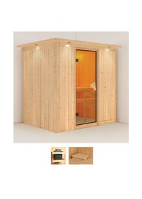Sauna Karibu "Bedine", beige (naturbelassen), ohne Ofen, (ohne Ofen), Saunen, Sauna, ohne Ofen