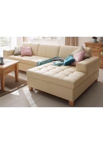 Ecksofa Home Affaire "Corby L-Form", beige (creme), B:266cm H:80cm T:162cm, Struktur fein (100% Polyester);Chenille (100% Polyester);NaturLEDER (echtes Rindsleder) auf Sitzfl&auml;che, Kunstleder im Korpus;Melrose (100% Polyester), Sofas, Ecksofa, wahlweise mit Bettfunktion, Steppung auf Sitzfl&auml;che