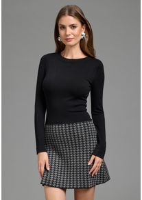 Strickkleid Melrose, Damen, Gr. 44, N-Gr, schwarz-wei&szlig; (schwarz, grau), Feinstrick, Obermaterial: 70% Viskose, 30% Polyamid, Jacquardmuster, sehr figurbetont mini, Rundhals, Kleider Strickkleid, f&uuml;r Partys, figurbetont mit trendy Jacquard Muster