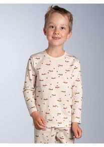 Sweatshirt TRIGEMA "TRIGEMA Kinder Langarmshirt mit Dackel Print", Jungen, Gr. 92, beige (natur), Single Jersey, 100% Baumwolle, Rundhals, Sweatshirts Sweatshirt