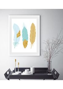 Bild queence "Nele", gold (farbe rahmen: wei&szlig;, farbe bild(er): gold, hellblau), B:30cm H:40cm, Acrylglas, Holz, Papier, Bilder, Bild, gerahmt, Federn