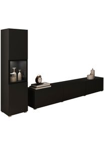 Wohnwand Home Affaire "BERLIN I, Vitrine T&uuml;rschlag links/rechts wechselbar", schwarz (graphite schwrz matt, graphite schwrz matt), B:220cm H:130cm T:33cm, ABS-Kunststoff, Glas, Hartfaserplatte, Kastenm&ouml;bel-Sets, Wohnwand, moderne grifflose Mediawand Breite 220 cm, Vitrine mit Verglasung