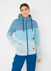 Kapuzenstrickjacke bonprix, Damen, Gr. 44/46 (L), blau (atlantikblau meliert), Strick, Obermaterial: 100% Polyester, meliert, bequem h&uuml;ftbedeckend, Rundhals, Rippb&uuml;ndchen mit Daumenl&ouml;chern, Strickjacken Kapuzenstrickjacke, mit Kapuze mit Kordelzug, bequeme Passform, colorblocking Look