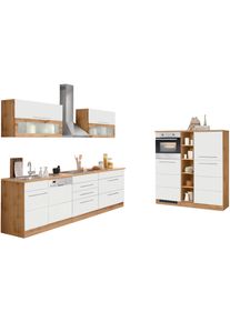 K&uuml;chenzeile KOCHSTATION "KS-Wien", wei&szlig; (k&uuml;che: wei&szlig;, front: wei&szlig;, korpus: wotaneichefarben, arbeitsplatte: wotaneichefarben), B:440cm T:60cm, Komplettk&uuml;chen-Sets, K&uuml;chenzeile, Breite 440 cm, wahlweise mit E-Ger&auml;ten und Induktion
