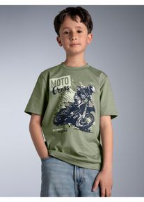 T-Shirt TRIGEMA "TRIGEMA T-Shirt mit Printmotiv "Moto Cross", Jungen, Gr. 128, gr&uuml;n (salbei), Single Jersey, 100% Baumwolle, Basic, Rundhals, Shirts T-Shirt