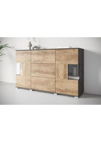 Sideboard OTTO HOME "Kenia", grau (matera anthrazit, kastanie breslau), B:150cm H:89cm T:39,5cm, Sideboards, Sideboard, Sideboard mit 3 Schubladen, 6 F&auml;chern, Glast&uuml;ren, Breite 150 cm