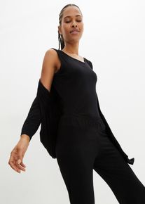 Loungeanzug bonprix "Loungewear Hausanzug", Damen, Gr. 44/46 (L), schwarz, Jersey, Obermaterial: 95% Viskose, 5% Elasthan, unifarben, Basic, Rundhals, Homewear-Sets Loungeanzug, bestehend aus Jacke mit 3/4-&Auml;rmeln, Tanktop, kn&ouml;chellange Hose
