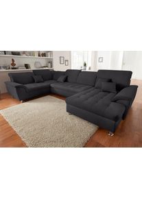 Wohnlandschaft DOMO collection "FRANZI mit Kopfteilverstellung, U-Form mit viel Platz, bequem", grau (graphite), B:352cm H:80cm T:214cm, Flachgewebe (100% Polyester);Chenille (100% Polyester), Sofas, Wohnlandschaft, XXL-Sofa, U-Form, belastbar bis 140kg/Sitz, graphite, Breite: 352cm