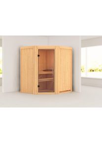 Sauna Karibu "&raquo;Liyah&laquo; mit Klarglast&uuml;r naturbelassen", beige (naturbelassen), ohne Ofen, ohne Steuerung, (ohne Ofen), Saunen, Sauna, in verschiedenen Ausf&uuml;hrungen erh&auml;ltlich