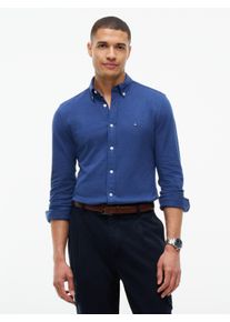 Langarmhemd Tommy Hilfiger "KNITTED SHIRT", Herren, Gr. XL (54/56), N-Gr, blau (dunkelblau heather), Jersey, Obermaterial: 100% Baumwolle, slim fit normal, Rundhals, 1-Knopf-Manschette mit Schlitz, Hemden Langarmhemd, Button-down-Kragen, Slim Fit, Jersey-Qualit&auml;t