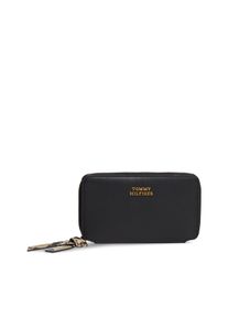 Geldb&ouml;rse Tommy Hilfiger "TH LEATHER MED ZA WALLET", Damen, schwarz, Leder, Basic, Kleinlederwaren Geldb&ouml;rse, Damen Geldbeutel, Portemonnaie mit goldfarbenem Logoschriftzug