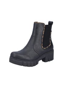 Chelseaboots Rieker, Damen, Gr. 38, schwarz, Elastischer Einsatz, Lederimitat, Schuhe Chelseaboots, Stiefelette mit dekorativer Einfassung in Leo-Optik