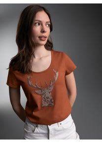 T-Shirt TRIGEMA "TRIGEMA T-Shirt Glitzer-Hirsch", Damen, Gr. L, braun (zimt), Single Jersey, 100% Baumwolle, lang, Rundhals, Shirts T-Shirt