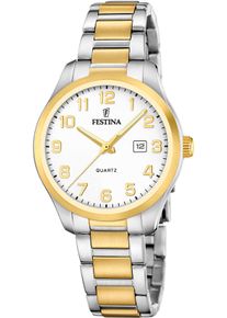 Quarzuhr Festina "Classic Steel", gold (silbergoldfarben, wei&szlig;), Armbanduhren, Damen, Quarzuhr, Armbanduhr, Damenuhr, Edelstahlarmband, analog, Tag