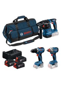Akku-Bohrschrauber Bosch Professional "Combo Kit 18V Profi-Set", blau, Bohrmaschinen, Akku-Bohrschrauber, inkl. Drehschlagschrauber, Bohrhammer, 3 Akkus, Lageger&auml;t und Tasche