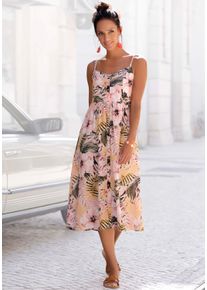 Sommerkleid Lascana "aus Leinenmix mit Baumwolle und tropischem Alloverdruck", Damen, Gr. 34, N-Gr, ohne &Auml;rmel, Web, orange (apricot, bedruckt), Web, Obermaterial: 58% Viskose, 28% Baumwolle, 14% Leinen, figurumspielend Midi, V-Ausschnitt, Kleider Sommerkleid, elegantes Midikleid, Strandkleid, Spaghettikleid, Leinenkleid