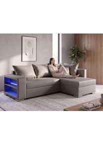Ecksofa Collection AB "John L-Form, B: 226 cm, Schlaffunktion & Bettkasten", braun (elefant), B:226cm H:40cm T:160cm, 100%poliester, Sofas, Ecksofa, Regalelement mit Licht, Couch mit Federkern, 2 Zierkissen