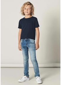 Slim-fit-Jeans name it "NKMTHEO XSLIM SWE JEANS 3113-TH NOOS", M&auml;dchen, Gr. 152, N-Gr, blau (light blau denim), Denim/Jeans, Obermaterial: 70% Baumwolle, 27% Polyester, 3% Elasthan, Abriebeffekte, slim fit lang, Jeans Slim-fit-Jeans