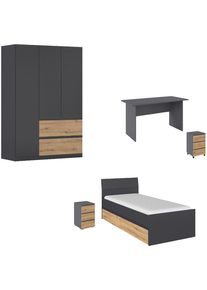 Rauch "Komplettzimmer Schlafzimmer-Set (5-St.) Jugendzimmer-Set JOEL" Set, Bett 90x200 oder 140x200 cm, Ausstattungspakete BASIC/CLASSIC/PREMIUM, 5 Stk. tlg. Bett 2 Breiten,Nachttisch,Tisch,Rollcontainer,Schrank MADE IN GERMANY