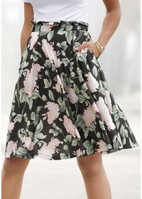Sommerrock Buffalo "mit Paperbag-Bund und Blumenprint", Damen, Gr. 36, bunt (schwarz, rosa, bedruckt), Jersey, Obermaterial: 100% Viskose, bedruckt, figurumspielend kniefrei, R&ouml;cke Sommerrock, luftiger Midirock mit Taschen, kniefreier Jerseyrock mit Blumenmuster, Topseller
