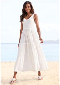 Maxikleid BEACHTIME BY LASCANA, Damen, Gr. 42, N-Gr, wei&szlig;, Web, Obermaterial: 100% Baumwolle. Futter: 100% Baumwolle, figurumspielend kn&ouml;chellang, V-Ausschnitt, Kleider Maxikleid, aus gewebter Baumwolle, Sommerkleid mit gestuftem Rock