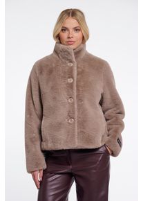 Fellimitatjacke RINO & PELLE, Damen, Gr. 40, beige (mocha latte), Web, Obermaterial: 100% Polyester. Futter: 100% Polyester, unifarben, l&auml;ssig geschnitten h&uuml;ftlang, Rundhals, Jacken Fellimitatjacke, Pl&uuml;schjacke mit Knopfverschluss und Stehkragen