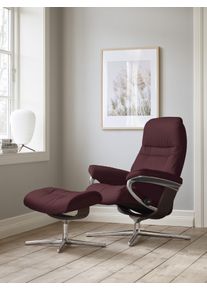 Relaxsessel stressless "Sunrise", grau (grau batick), B:83cm H:105cm T:74cm, Leder BATICK: BATICK ist ein leicht korrigiertes, durchgef&auml;rbtes und genarbtes M&ouml;belleder, bei dem die meisten Unebenheiten und Spuren in der Regel entfernt wurden., Sessel, Relaxsessel, mit Cross Base, Gr&ouml;&szlig;e S, M & L, Holzakzent Braun