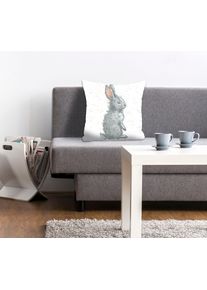 Dekokissen queence "Corinne", grau (grau, bedruckt), B:40cm L:40cm, Polyester, Dekokissen_Sitzkissen_Kissenh&uuml;llen, Dekokissen, mit einem Hasen im Schnee