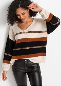 V-Ausschnitt-Pullover bonprix, Damen, Gr. 48/50 (XL), beige (creme, braun quer gestreift), Strick, Obermaterial: 76% Polyacryl, 21% Polyester, 3% Polyamid, gestreift, l&auml;ssig geschnitten h&uuml;ftbedeckend, V-Ausschnitt, Pullover V-Ausschnitt-Pullover, aus weichem Materialmix, mit V-Ausschnitt, l&auml;ssig geschnitten, Topseller