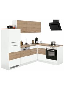 Winkelk&uuml;che KOCHSTATION "KS-Trient", wei&szlig; (k&uuml;che: wei&szlig;, front: wei&szlig; matt, eiche sonoma, korpus: wei&szlig; matt, arbeitsplatte: eiche sonoma), B:230cm T:60cm, Komplettk&uuml;chen-Sets, Winkelk&uuml;che, Stellbreite 230x170 cm, wahlweise mit E-Ger&auml;ten, mit Arbeitsplatte